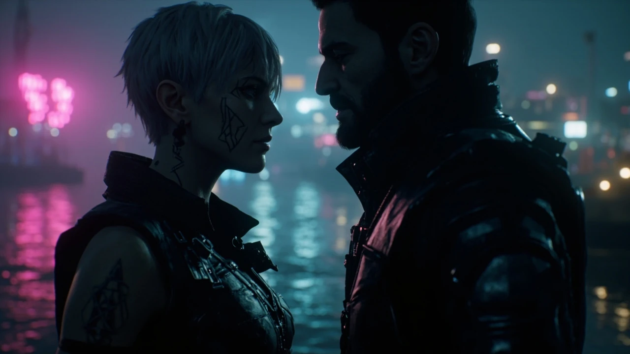 V and Judy Alvarez standing together in a neon-lit Night City scene