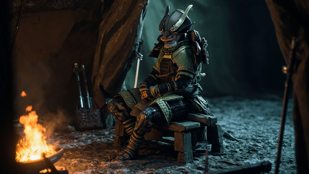 Ghost of Yotei snake armor displayed on a wooden armor stand in a snowy Ezo camp